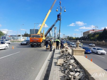 H.Əliyev prospektində qəza nəticəsində dağılmış divarın bərpasına başlanılıb  FOTO