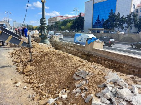 H.Əliyev prospektində qəza nəticəsində dağılmış divarın bərpasına başlanılıb  FOTO